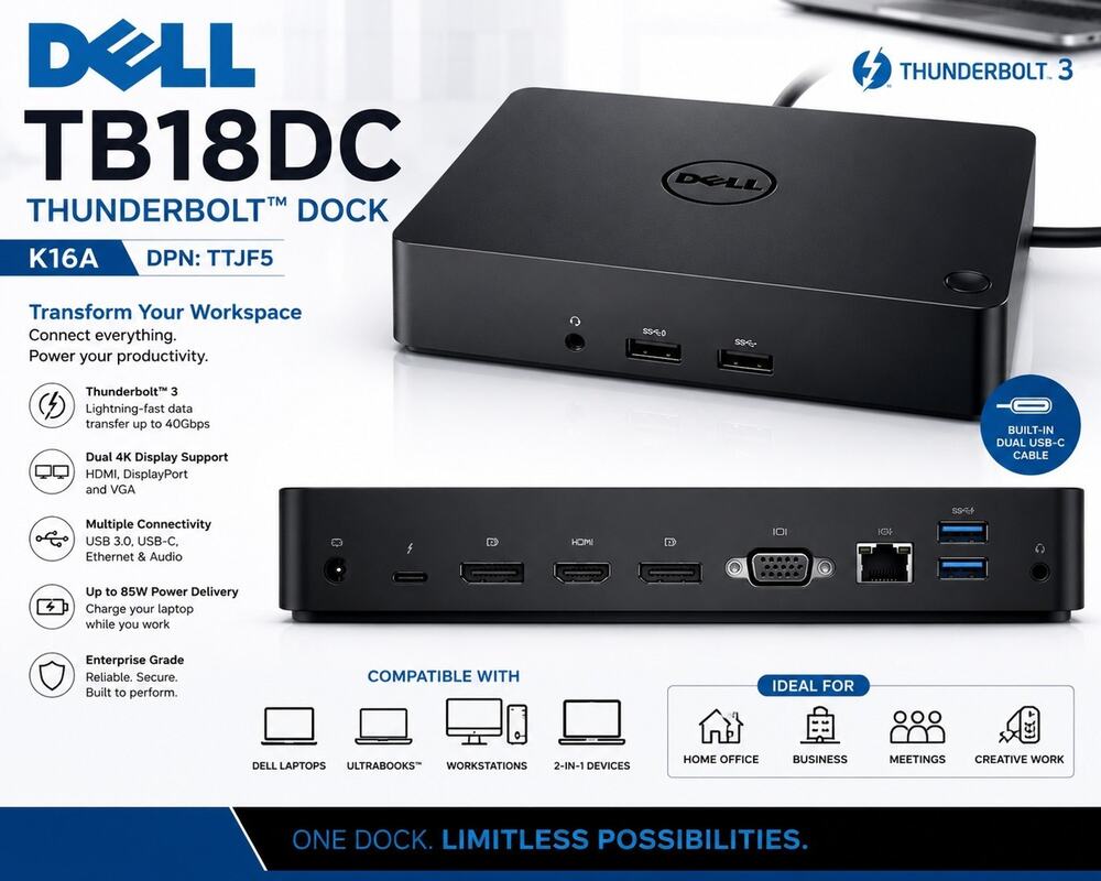 New Dell TB18DC Thunderbolt Dock K16A Dual USB-C Docking Station No AC Adapter